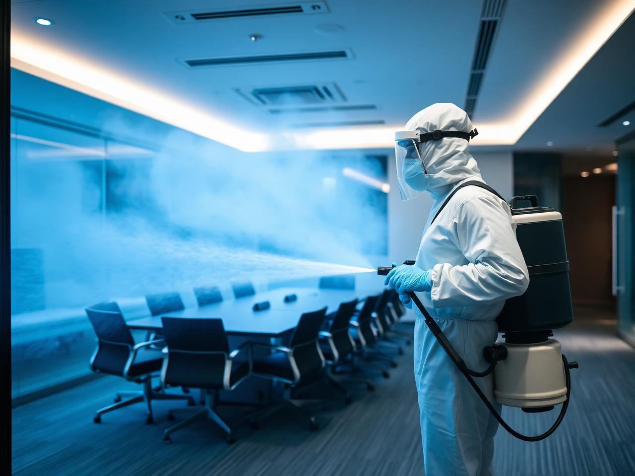 Technician performing electrostatic disinfection in an office conference room