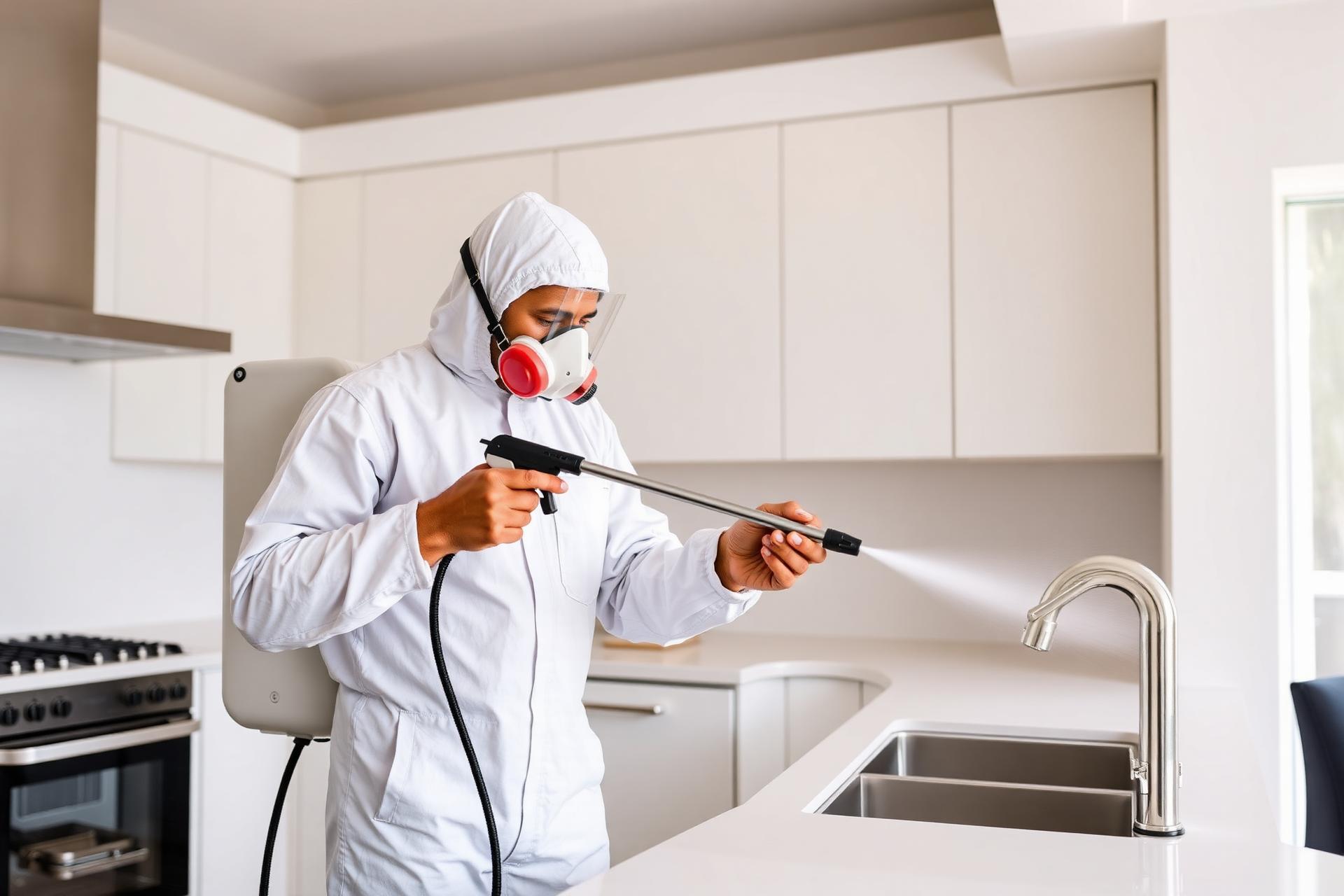 VIPS Environmental pest control technician treating a modern kitchen
