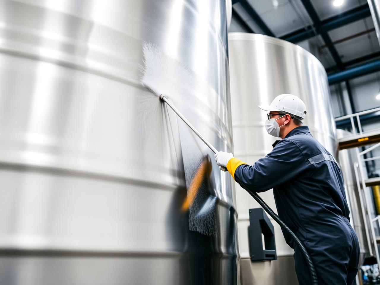 Technician cleaning a stainless steel commercial water tank